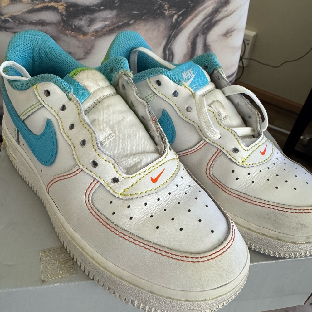 Nike White and Teal Sneakers with Orange Detail